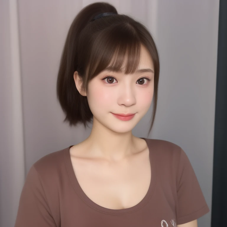 (kawaii 18 year-old Japanese girl), (glossy brown hair, high ponytail, bangs, black eyes:1.3), (soft smiling), (wearing crew necked t-shirt:1.3), well shaped extra small breasts, outside background, id photo, bust shot, (masterpiece, best quality, photo realistic:1.4), (professional lighting, physically-based rendering, glossy skin, extremely detailed eyes and skin textures, golden ratio, depth of field), 1girl, solo,