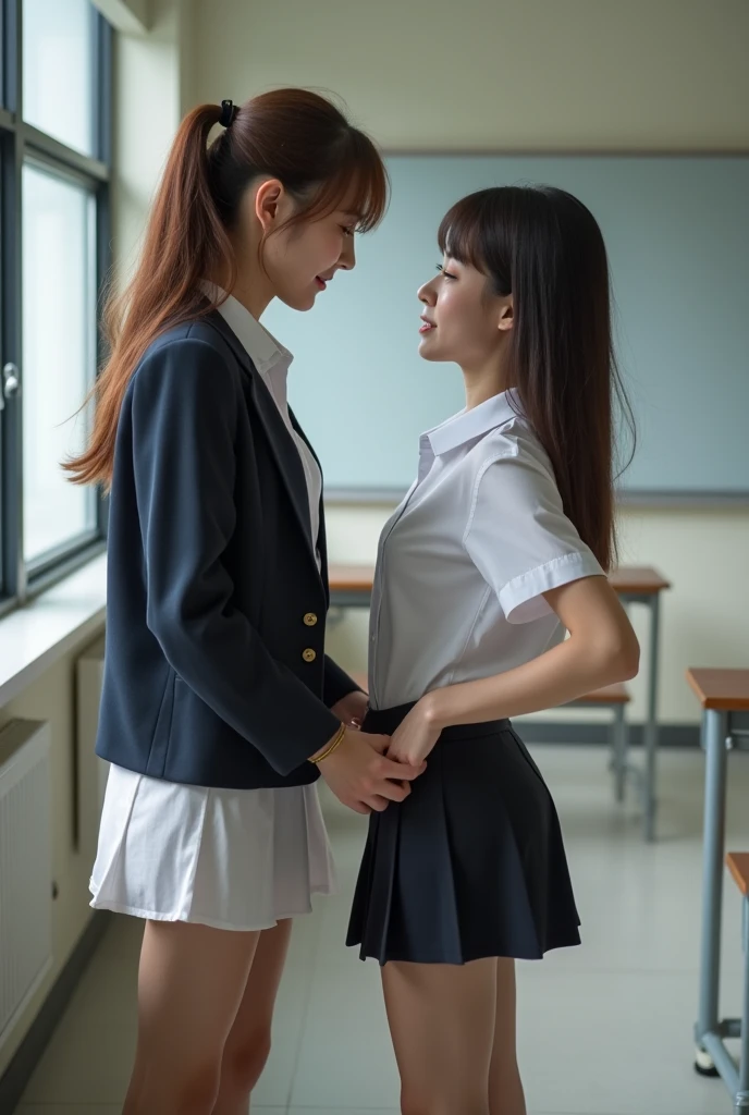 ( middle-aged male teacher sitting on a chair in a room  )、(high school uniform blazer、Black socks、  cute girl in a itting on top of a middle-aged male teacher:1.2)、Little Tokyo、( male teacher hugging a girl 、( stroking a girl 's pussy:1.1)、(stroking a girl &#39;chest:1.2)、(Insert into a girl  :1.3))、( a girl's puzzled expression :1.2)、The girl is slim、(Full body images)、  very cute face  , sense of cleanliness , ( High-definition mesh ,  high resolution face 、  perfect face), ( surreal,  kampala), (Best Quality:1.2),
