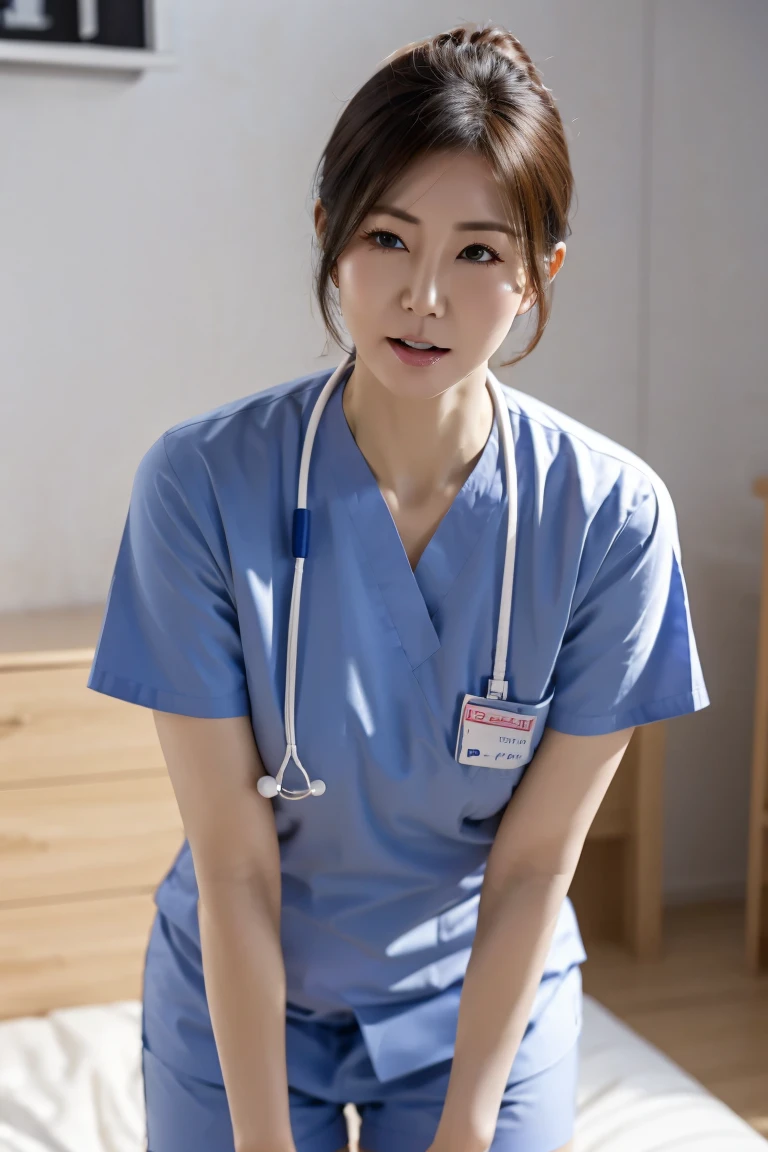 30 year old mature nurse、Wearing a nurse&#39;s white coat、transparent shaded lace beige bra and thong shorts、 squats on hospital bed、Open your crotch wide 、Lean back、 head looks up to the ceiling、 and his eyes are closed、 has her mouth wide open、He is panting.、 please feel the pleasure。