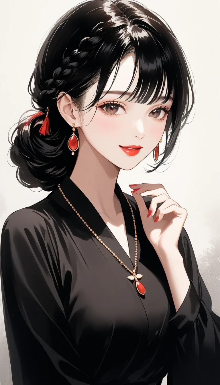  intense ink painting、1 mature woman 、Hair Braid Bang、Full sleeve blouse、 earrings、Smooth and Delicate Lips 、 beautiful faces、smile、Red lipstick、 bright color、 elegant pose、 perfect skin、 gentle face 、 breathtaking realism、 necklace、