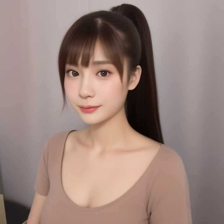 (kawaii 18 year-old Japanese girl), (glossy brown hair, high ponytail, bangs, black eyes:1.3), (soft smiling), (wearing crew necked t-shirt:1.3), well shaped extra small breasts, outside background, id photo, bust shot, (masterpiece, best quality, photo realistic:1.4), (professional lighting, physically-based rendering, glossy skin, extremely detailed eyes and skin textures, golden ratio, depth of field), 1girl, solo,