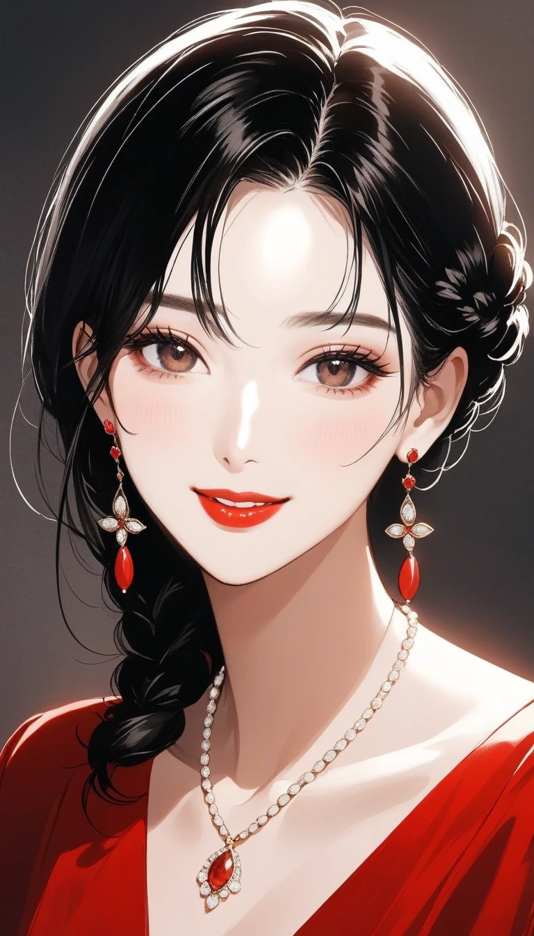  intense ink painting、1 mature woman 、Hair Braid Bang、Full sleeve blouse、 earrings、Smooth and Delicate Lips 、 beautiful faces、smile、Red lipstick、 bright color、 elegant pose、 perfect skin、 gentle face 、 breathtaking realism、 necklace、