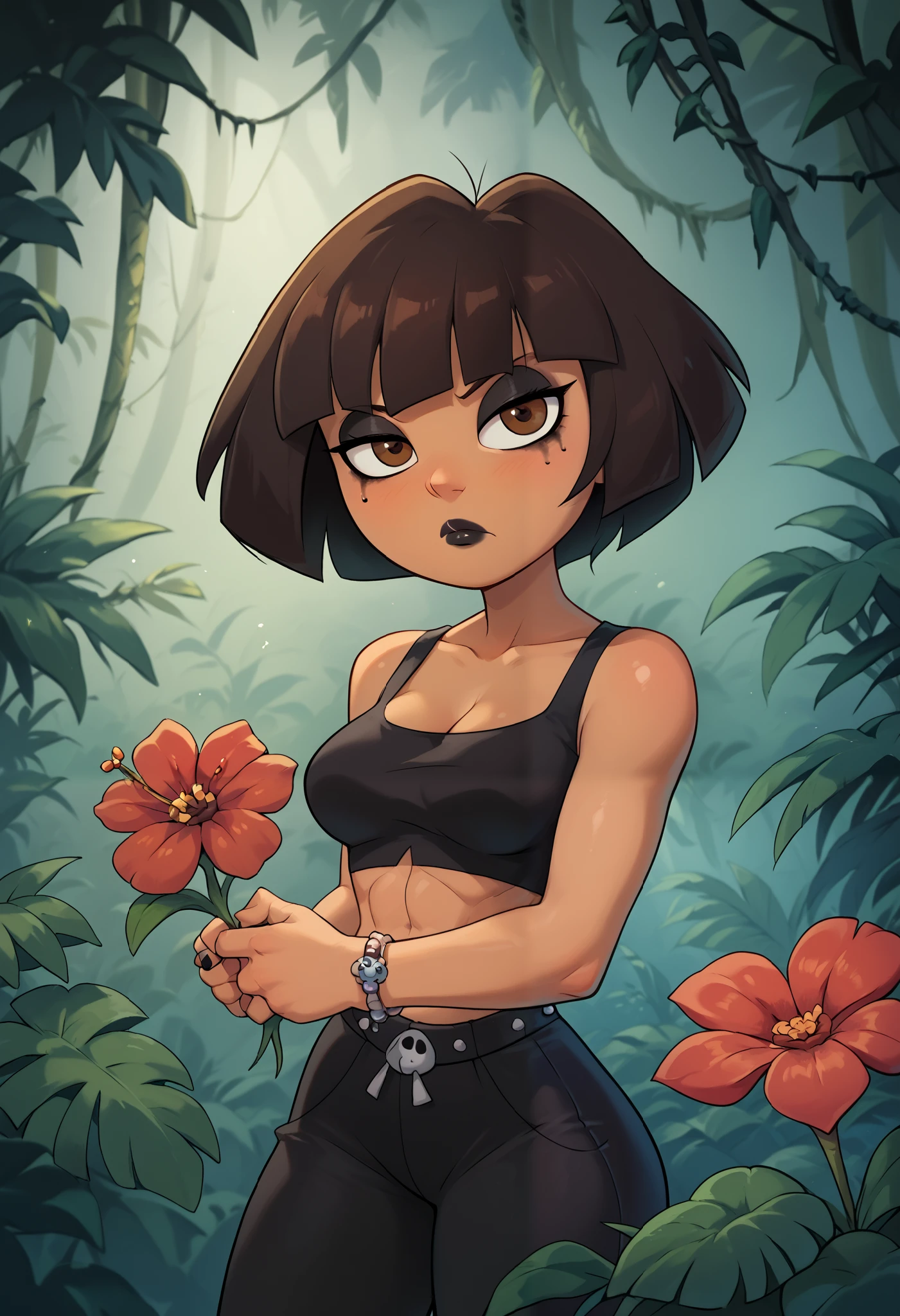 solo, cute, medium breasts, Dora, looking at you, bedroom eyes, frown, holding a flower, red flower, brown eyes, in a jungle outdoors, dark-skinned female, bob cut, goth clothes, goth makeup, bracelet, (slender athletic body), gigantic eyes, black lipstick