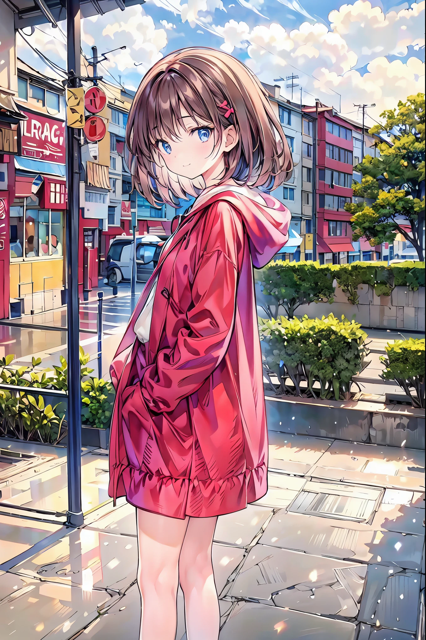 Winter clothes、Red coat、Bare legs、( top quality ,Masterpiece:1.3, Ultra-Fine ),( very detailed, caustics ,8k),( realistic :1.4,RAW shooting),18 years old, Japanese , cute, Looking at the camera and smiling ,( faces :1.2),( face close-up :1.2),(Low position:1.3),( low angle:1.4), brown hair, Shortcut , slender beauty , messy hair,Cityscape, brown hair, Shortcut , tousled hair , short braided hair,Neat, slender and beautiful woman with C cup breasts ,Correct posture, small breasts, Beautiful Legs, Enchanting gray-blue eyes shine like stars ,Droopy eyes, bright color , beautiful eyes,A delicate smile, Textured Skin, BEST QUALITY BEST , A humorous parody of a gentle and beautiful woman writing directly from the bottom of the depth of the dress border , anime style、