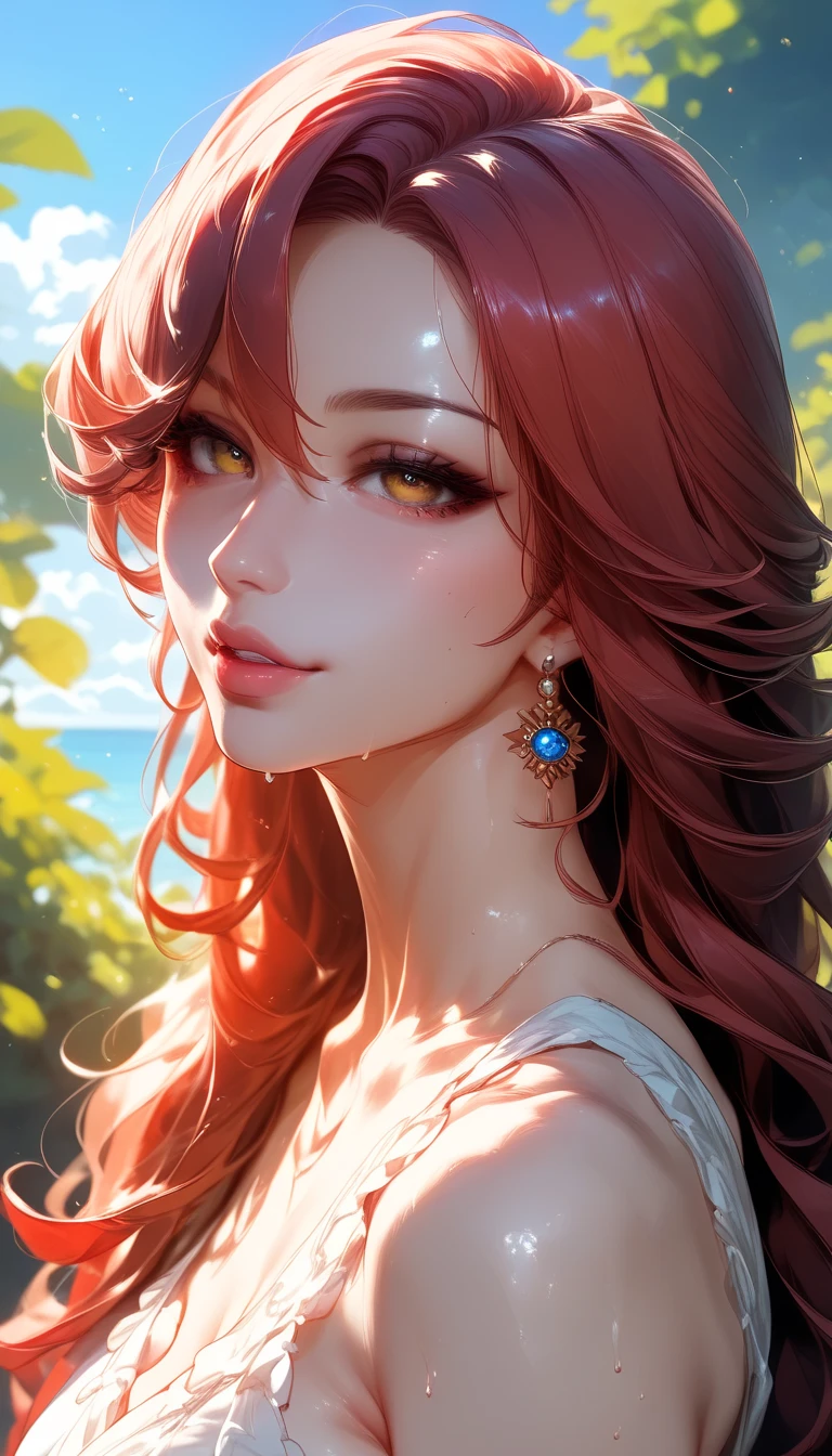 Masterpiace, Woman, red hair, beautiful, 30 years, make-up, passionate look , soft lighting, 2d background