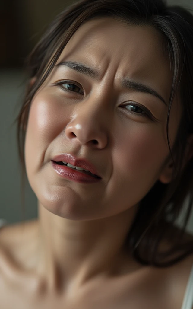 Beautiful Japanese actresses、1 girl,Flying debris,,Award-winning photo, Very detailed,Face Focus, Big double eyes(Woman with open mouth and closed eyes ), Age 35、Black Hair、Shiny skin、(((Face close-up)))、Realistic nostrils、Long and narrow nasal cavity,,,、Emergency stairs in an apartment,　Staircase landing,((Outdoor fire escape staircase,))Squat、((Random color open cardigan))、Big Breasts、(Sharp Nose)Frowning performance:1.4,,performance,Frowning,please raise your head、Skin shiny with sweat,Oily facial skin,Tied Hair,Squatting and giving a blowjob,female teacher,Squatting in the hallway、Squat、50 degree hot room、Skin shiny with sweat、Wet transparent fabric,Sweaty all over my face,A face enduring intense pain、Screaming face,Open your mouth wide and shout,
