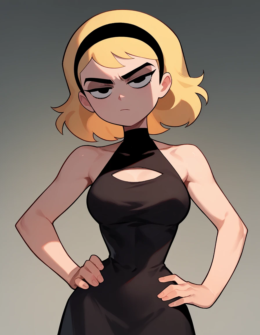 (masterpiece:1.4), (best quality:1.4), (high resolution:1.4), cartoon style, smile, short hair, blonde hair, bob cut, black hairband, bare shoulders, little black dress, black bodycon dress, looking at viewer, detailed face, detailed eyes, black eyes, small breasts, slim, wide hips, dynamic pose, solo, 1 girl, fancy hotel background, character focus