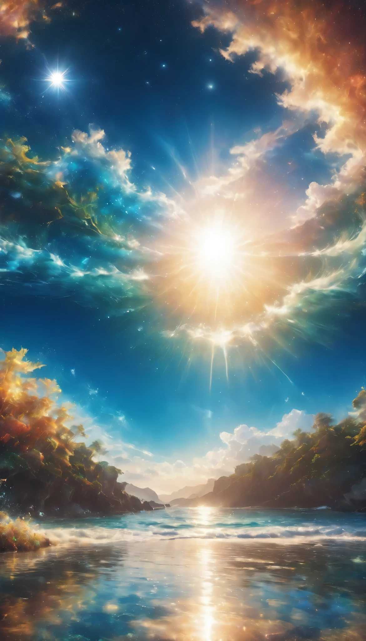 Ultra Realistic Splashing Beach, Realistic Sunny Beach, Realistic RAW Photo, (Ultra Detailed Background, Highly Detailed Background), Surreal, High Resolution, Highly Detailed, Highly Detailed, Shining, Complex, 8K, Real Image, Photo, Realistic and Realistic, Motion Blur, Top Quality, (Sun is one), (Emphasis on vivid blue )