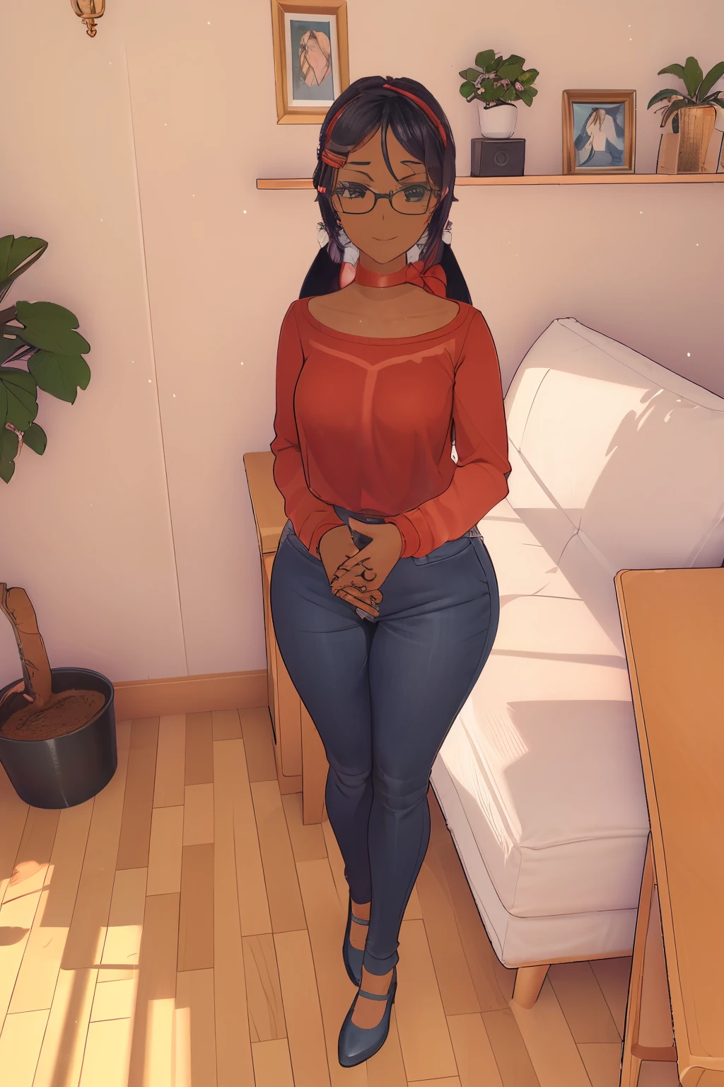 1girl, solo, appearance she is a beauty with lots of curves, dark skin (nuked) glasses like an old lady who crochets, dark skin (of African descent), long white curly hair, captivating eyes, face of a 25 year old adult.