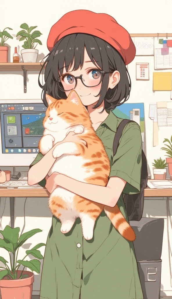 (masterpiece, high quality, high resolution, 8K, 16K, detail), cute Japanese girl (one solo, lo-fi girl, high school student, black hair, short hair, red beret, green shirt dress, black rimmed glasses, anatomically correct body, fingers, hands), holding (one) cute cat, smiling at us in the background, desk and computer in the background, houseplants, white simple wall, minimalist illustration in the background, wallpaper