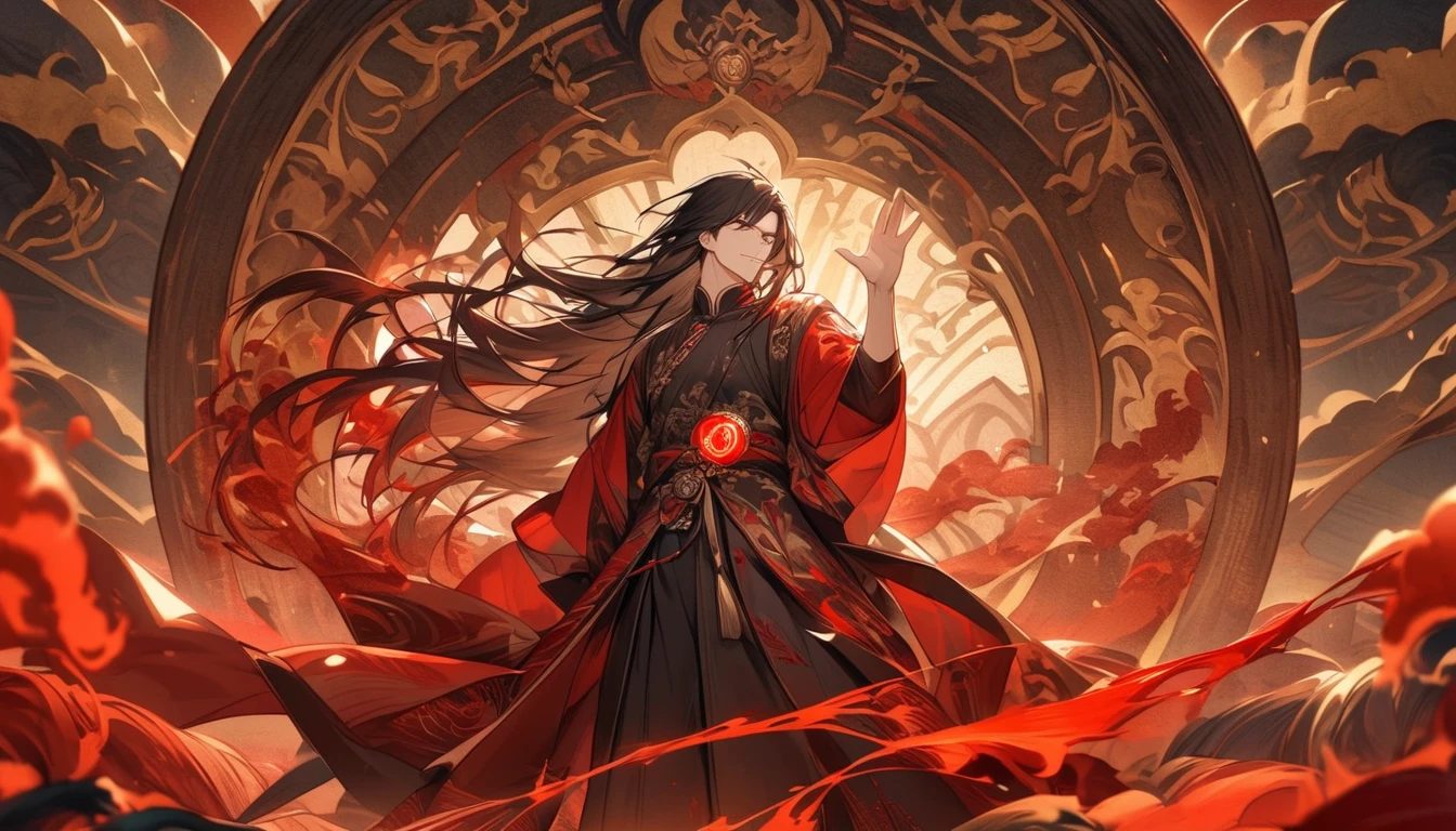 Handsome man with long hair wearing his clothes, Hands waving red blood mist, There is a sea of blood design , Vision,chinese palace background， HD