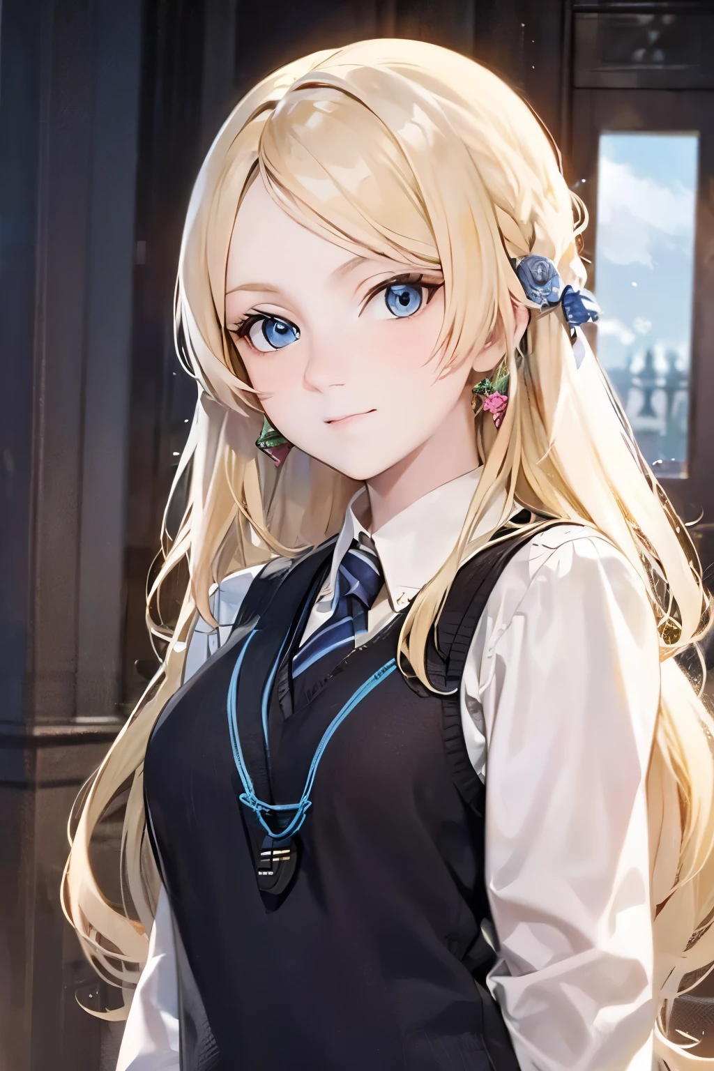 a beautiful image of Luna , Wearing a uniform, masterpiece, photorealistic , Detailed , 4k, HDR-10, backluzing, bloom, luz, RAW Color Photo, soft leather, blonde, Detailed face, Blue eyes,