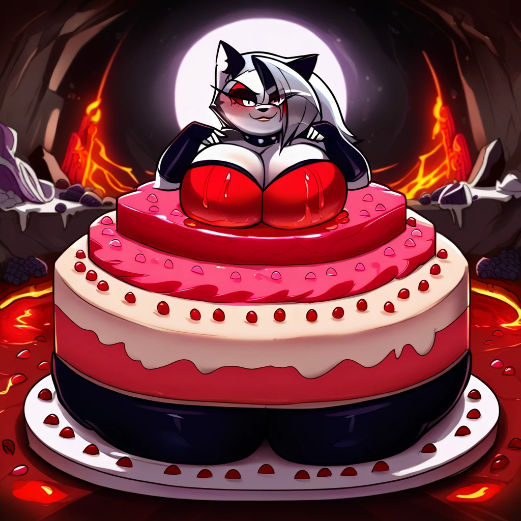 Living cake, score_9_up, score_8_up, score_7_up, rating_explicit, furry, anthro, solo, loona(jizokumode), hellhound, red sclera, white eyes, female, fur, grey hair, hair, white body, white fur,, source_anime, (1girl, solo), uncensored, perfect body, fat, thigh highs, fingerless gloves,
anthro, furry, pose, cleavage, blush, evil smirk, hell, lava, buildings in background, full moon, sexy pose, sexy red gown
Loona \(Helluva Boss\),  fat, chubby, obese, gigantic arms and legs, shocked, blush