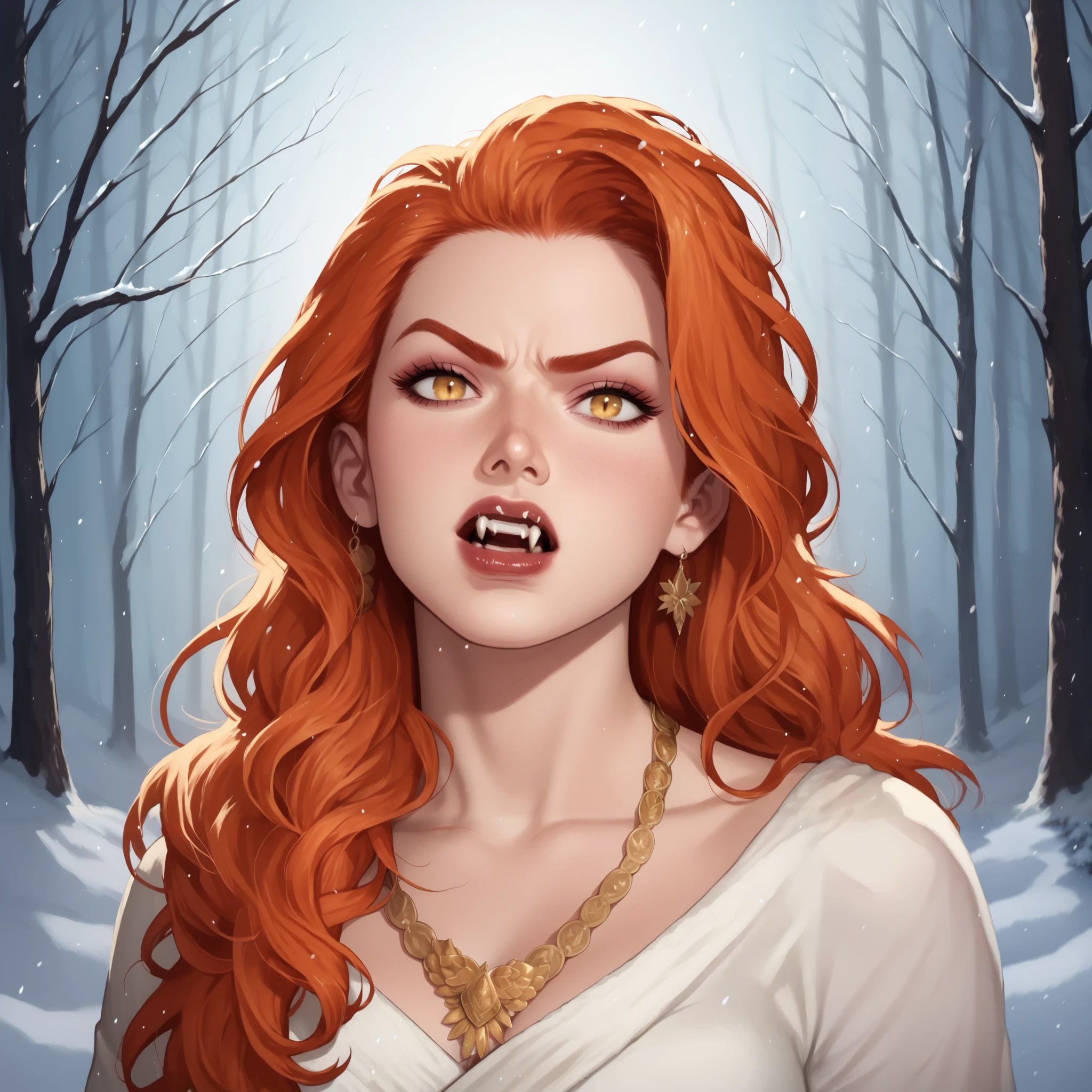 (((beautiful, high quality, comics style, detailed face))), score_9, score_8_up, score_7_up, BREAK, human, vampire woman, ((ginger hair, long messy hair)), golden eyes, very pale skin:1.5, GREEK GODDESS DRESS, (angry expression, vampire fangs, open mouth, yelling), solo, dynamic pose, portrait, looking at the viewer, front view, fantasy, ((outside, snow, boreal forest:1.3)), blurred background, Expressiveh, detailxl