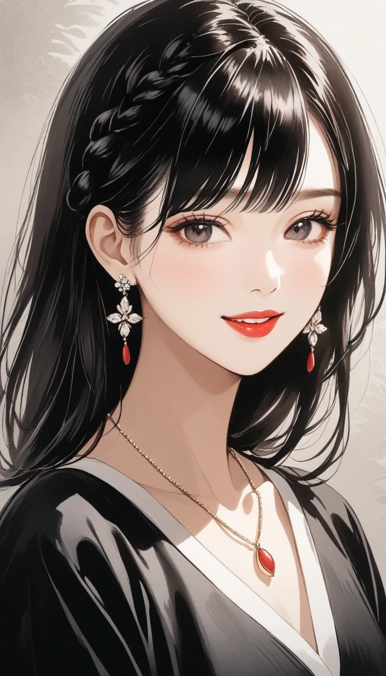  intense ink painting、1 mature woman 、Hair Braid Bang、Full sleeve blouse、 earrings、Smooth and Delicate Lips 、 beautiful faces、smile、Red lipstick、 bright color、 elegant pose、 perfect skin、 gentle face 、 breathtaking realism、 necklace、masterpiece、 best quality、