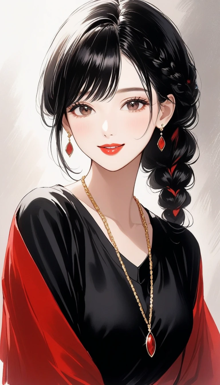  intense ink painting、1 mature woman 、Hair Braid Bang、Full sleeve blouse、 earrings、Smooth and Delicate Lips 、 beautiful faces、smile、Red lipstick、 bright color、 elegant pose、 perfect skin、 gentle face 、 breathtaking realism、 necklace、masterpiece、 best quality、