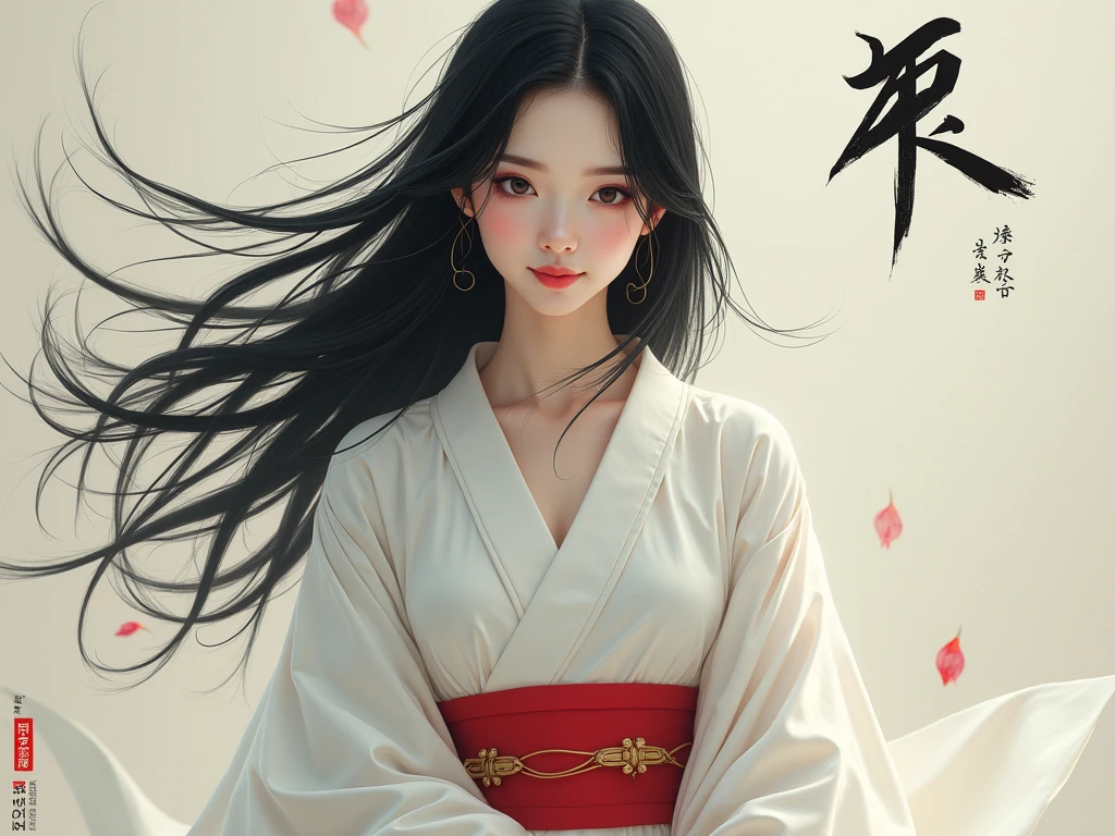 A woman with straight black hair in a red kimono is looking back while holding a ball.。 The background is a corridor of a Japanese mansion at night.、There are bamboo and bamboo lanterns 。  the woman has a slightly soft smile 。  the overall atmosphere is bewitching 。

The object she is holding is a ball.。It can also be written as 'mari'.。