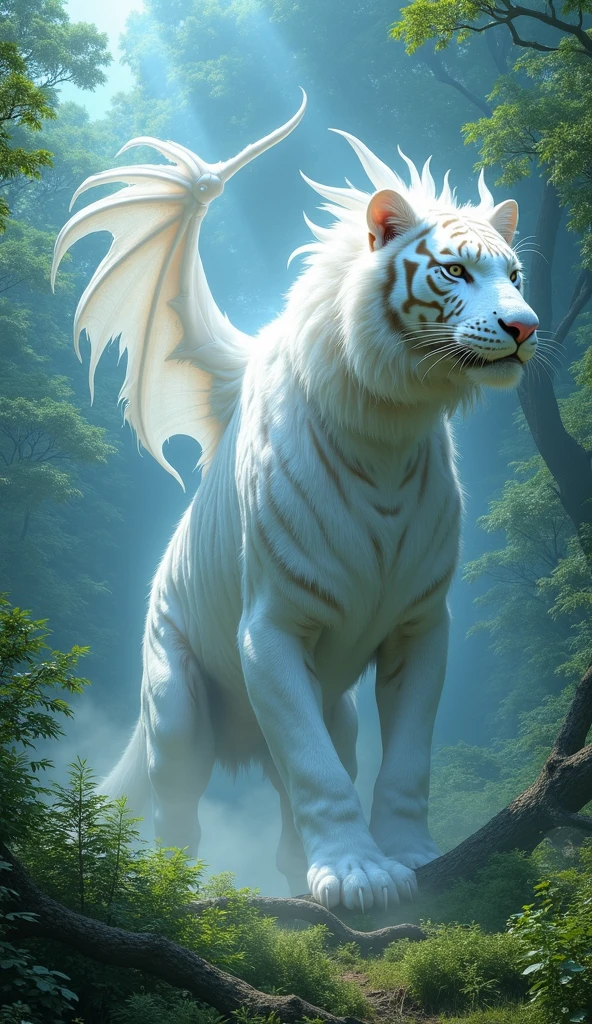 "Imagine a captivating scene featuring a colossal ghostly white creature that is a fusion of both a giant white tiger and a magnificent giant white dragon. The setting takes place in a vibrant and lush green forest, where the trees are abundant and the undergrowth is rich with life. Above, the sky is a brilliant shade of clear blue, adding to the ethereal atmosphere. This hybrid creature should exhibit the regal and powerful traits of both animals, combining the sleek, muscular form of the tiger with the majestic wings and elongated body of the dragon. Its surface is adorned with mystical, glowing patterns that shimmer softly, blending seamlessly with the surrounding mist and the vivid foliage of the forest."