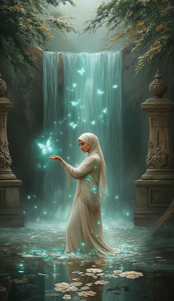  Here is a customized prompt :


 ---

A graceful young woman stands in the middle of a mesmerizing fantasy garden . Ia mengenakan  hijab biru lembut yang memancarkan kilauan magis,  harmonizes with a long dress with a beautiful sparkling gold pattern .  Her dress is decorated with ornaments such as gold leaf at the waist , exudes elegance .  Her hijab is made of fine fabric that appears to be gently waved by the wind ,  with ornate details small flower on the side of the head to add a natural touch .

 He holds luminous flowers in one hand ,  as if radiating magical energy ,  adding to her calming and mesmerizing presence .

background:
 Surrounding it is a garden full of colorful flowers that glow softly ,  with a small waterfall cascading behind her ,  create a peaceful atmosphere .  The old stone pillars and overgrown with vines give the feel of magical ancient architecture .  The turquoise light from waterfalls and plants creates a dramatic light effect that envelops the entire scene.

lighting:
 Soft and sparkling light fills the atmosphere ,  mainly coming from the dress ,  hijab,  and the flowers it holds .  The light spotlight from above creates a spotlight effect that accentuates her presence ,  while the background is faintly glowing with shades of blue and green ,  add depth and mystery .

 Additional Element :
 Butterfly A luminous U flies around her ,  gives the impression of a living magical world .  Reflections of the light water adds realistic yet fantastic detail to the atmosphere .  The environment is filled with a thin mist that reinforces the fairy-tale atmosphere .


---

Prompt ini mempertahankan nuansa magis dengan penyesuaian untuk menampilkan karakter ber hijab.  Is there any other element to add ?

