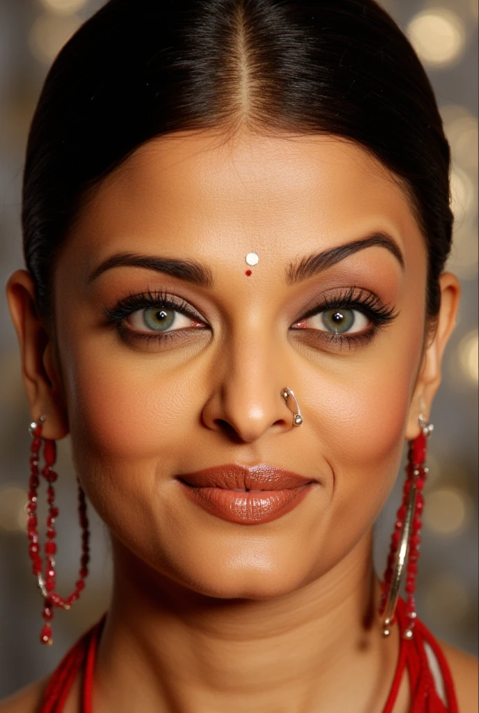  Aishwarya rai MILF close up picture , wearing a hoop earings ,hoop nose ring ,dash of vermilion powder on a head and bindi on forehead , married hindu bhabhi ,traditional hindu women