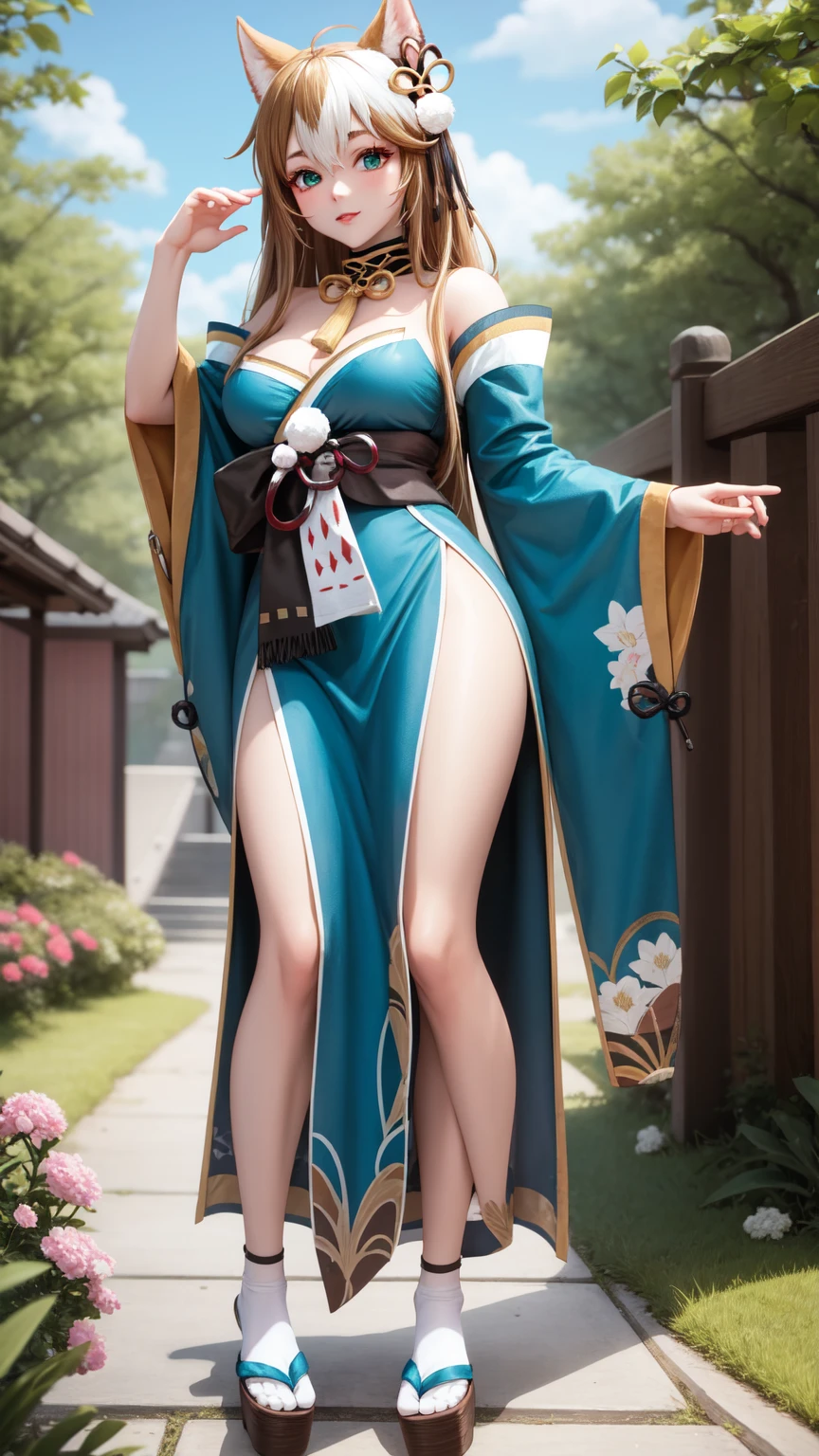  masterpiece,  better quality,  high quality,  full body,  al aire libre,   looking at the viewer , 1 girl,  dynamic pose , hina-fi , Bicolor fur,  Japanese clothing , Green Kimono, cola,  bare shoulders ,cola, with cola, wide hip,beautiful,beautifuls piernas, seductive face, seductive look , seductive face,sexy,Milf,adult woman,mommy