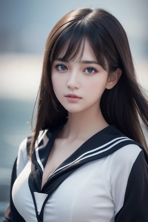 1 girl, (highest quality:1.4), (super detailed), (Highly detailed beautiful face), wonderful face and eyes, black eye, black hair, (sailor suit), (cleavage), Smooth, Highly detailed CG integrated 8k wallpaper, High resolution raw color photos, professional photos, light, Backlight, dream-like, impressive, Depth of bounds written