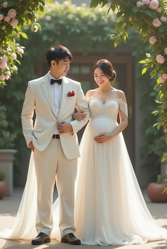 Modern. Suit men wear. elegant couple, One man and two beautiful pregnant girls. Dark Hair. Very detailed face. Cute eyes (Perfect Eyes). 8k resolution. masterpiece. romantic, like, Shining Light. View your viewers. petal. pastel colour.