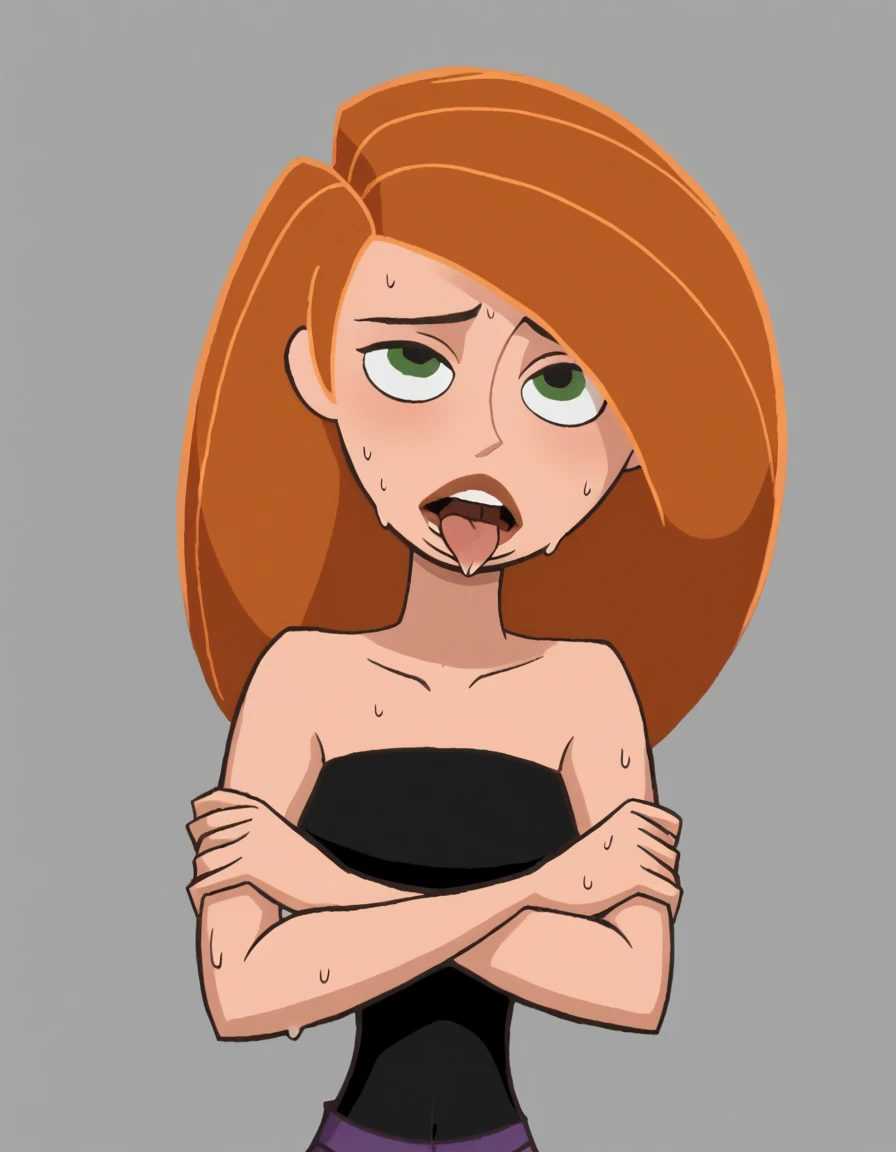 KimPos, score_9, arms crossed, 1 , Alone, eyes verdes, cartoon, long hair, orange hair,ahegao, a strapless black short tube dress, open mouth, sweating, bare shoulders, looking at the viewer, simple background 