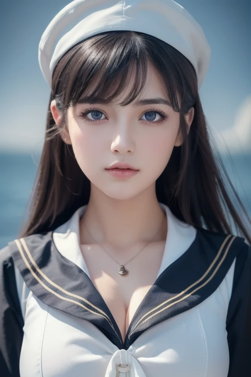 1 girl, (highest quality:1.4), (super detailed), (Highly detailed beautiful face), wonderful face and eyes, black eye, black hair, (sailor suit), (cleavage), Smooth, Highly detailed CG integrated 8k wallpaper, High resolution raw color photos, professional photos, light, Backlight, dream-like, impressive, Depth of bounds written