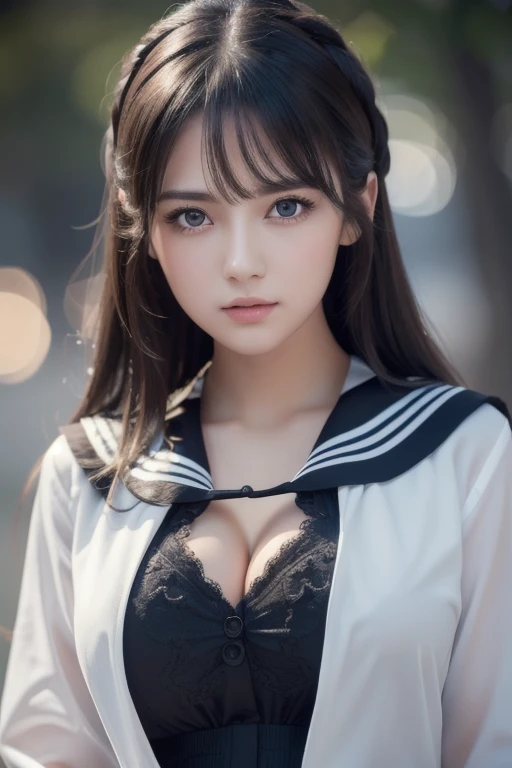 1 girl, (highest quality:1.4), (super detailed), (Highly detailed beautiful face), wonderful face and eyes, black eye, black hair, (sailor suit), (cleavage), Smooth, Highly detailed CG integrated 8k wallpaper, High resolution raw color photos, professional photos, light, Backlight, dream-like, impressive, Depth of bounds written