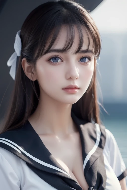 1 girl, (highest quality:1.4), (super detailed), (Highly detailed beautiful face), wonderful face and eyes, black eye, black hair, (sailor suit), (cleavage), Smooth, Highly detailed CG integrated 8k wallpaper, High resolution raw color photos, professional photos, light, Backlight, dream-like, impressive, Depth of bounds written