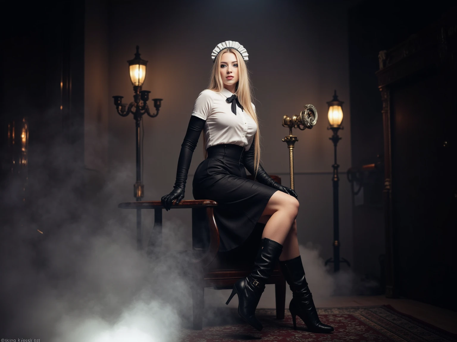 quality: (((masterpiece, cinematic composition, high quality 16K, 32K))), (8k, ultra-hyperrealistic :1.3), ( photorealism :1.2), (steampunk aesthetic). Scene:beautifull blonde maid-girl, in her uniform with blouse tie and black middle long skirt tucked in the blouse. She has long latex gloves and long leather heel boots. Shes touching her skirt. lighting: Gas lamps and the glowing scepter cast a dramatic light on her silhouette, while the rest of the room remains shrouded in shadow and steam. Stil: Seductive and majestic, a perfect mix of steampunk and mystical maiden aesthetic. a white light Spot from the ground in the front to the face and illuminates her nipples 