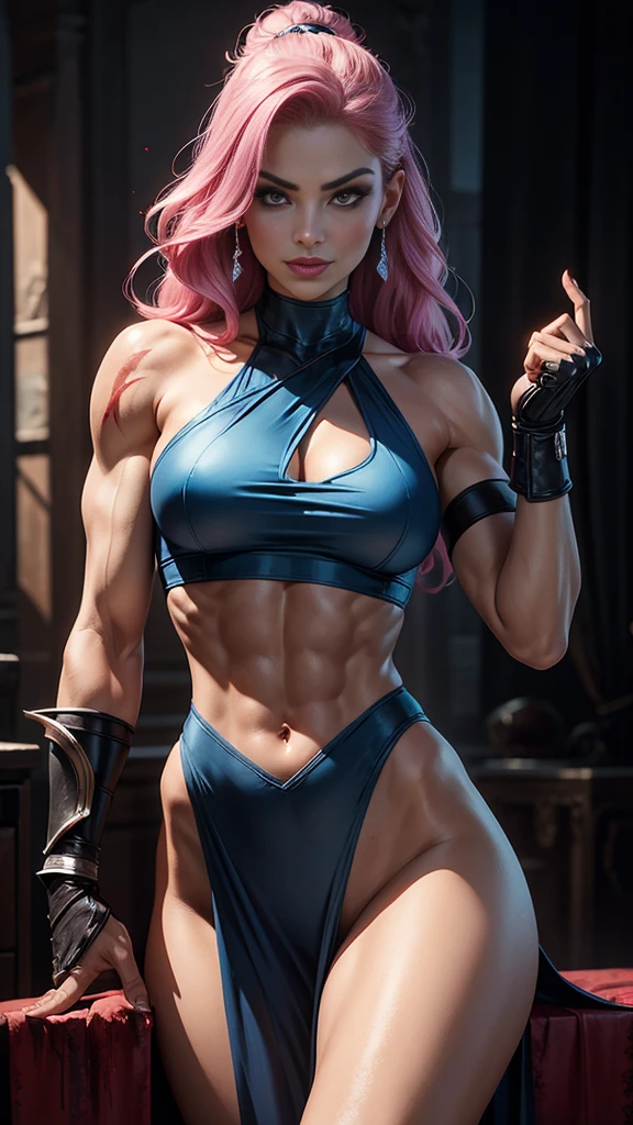 (1 girl), (cara delevingne), young girl, masculine physique, seductive face, seductive look, long pink hair, perfect muscular body, super skinny legs, latex pants, sissy, femboy, (huge muscular arms:1.25),