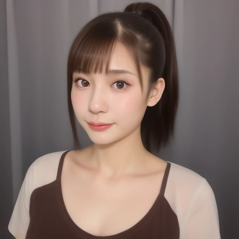 (kawaii 18 year-old Japanese girl), (glossy brown hair, high ponytail, bangs, black eyes:1.3), (soft smiling), (wearing crew necked t-shirt:1.3), well shaped extra small breasts, outside background, id photo, bust shot, (masterpiece, best quality, photo realistic:1.4), (professional lighting, physically-based rendering, glossy skin, extremely detailed eyes and skin textures, golden ratio, depth of field), 1girl, solo,