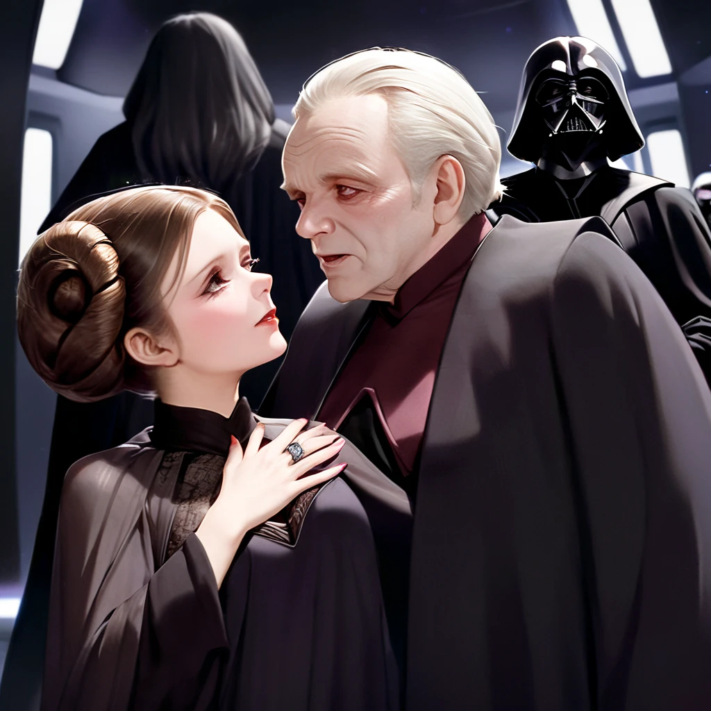 (( top quality)), ((masterpiece)), ( Details), （ Perfect Face）、The young and beautiful Princess Leia became the wife of the evil Dark Lord wearing a jet black dress of the luxurious black Lord of the Dark Lord, and they were wearing an engagement ring and sincerely loved Darth Sidious, the ugly old man Darth Sidious, the Sith Dark Lord of the Galactic Empire, and became a couple deeply in love with each other