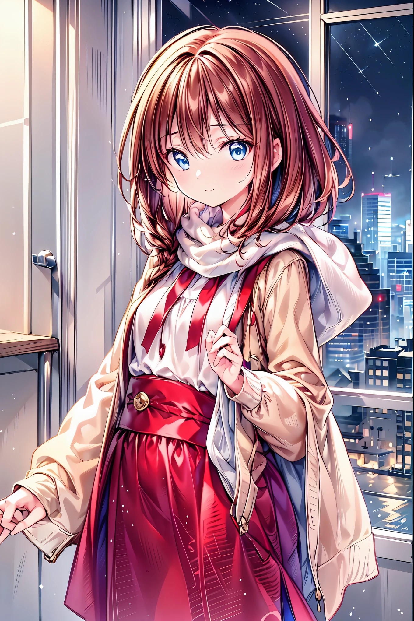 Winter clothes、Red coat、Bare legs、(    top quality ,Masterpiece:1.3,     Ultra-Fine ),(     very detailed,     caustics ,8k),(     realistic :1.4,RAW shooting),18 years old,     Japanese     ,     cute,  Looking at the camera and smiling   ,(     faces   :1.2),(     face close-up  :1.2),(Low position:1.3),(     low angle:1.4),   brown hair，     Shortcut ，     slender beauty     ，     messy hair，Cityscape，   brown hair，    Shortcut ，    tousled hair ，   short braided hair，Neat，   slender and beautiful woman with C cup breasts ，Correct posture，   small breasts，    Beautiful Legs，     Enchanting gray-blue eyes shine like stars ，Droopy eyes，    bright color ,    beautiful eyes,A delicate smile,   Textured Skin, BEST QUALITY BEST    ,    A humorous parody of a gentle and beautiful woman writing directly from the bottom of the depth of the dress border    ,    anime style､