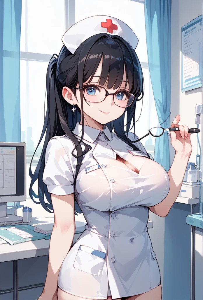 Black hair, glasses, neat and clean, nurse