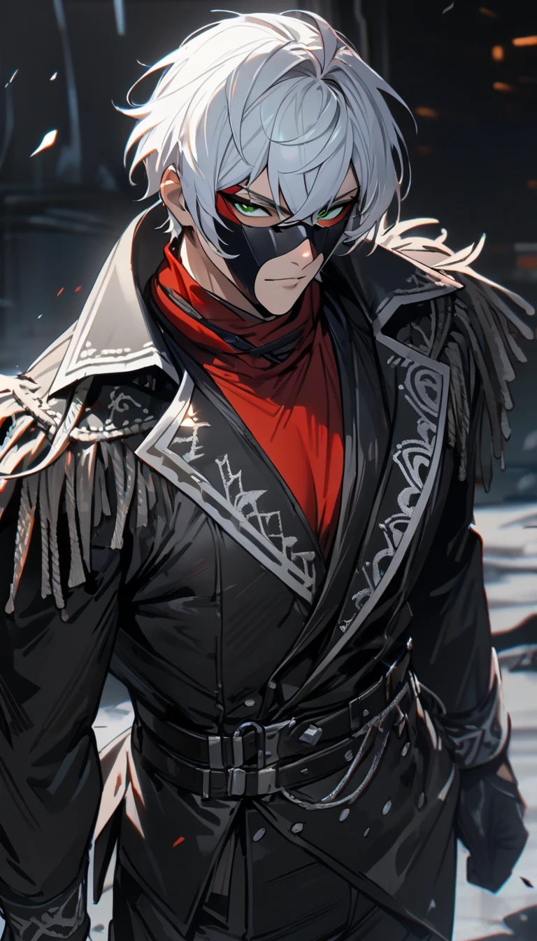 1 male, short hair, white hair, green eyes, black and silver diluc clothes, (best quality,4k,highres,masterpiece:1.2), slightly muscular, mask, half body