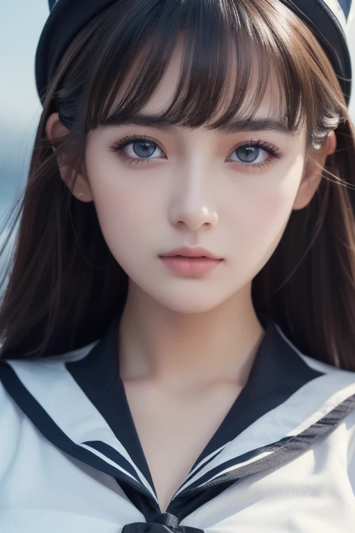 1 girl, (highest quality:1.4), (super detailed), (Highly detailed beautiful face), wonderful face and eyes, black eye, black hair, (sailor suit), (cleavage), Smooth, Highly detailed CG integrated 8k wallpaper, High resolution raw color photos, professional photos, light, Backlight, dream-like, impressive, Depth of bounds written