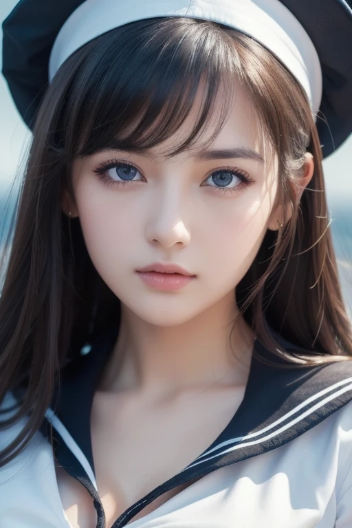 1 girl, (highest quality:1.4), (super detailed), (Highly detailed beautiful face), wonderful face and eyes, black eye, black hair, (sailor suit), (cleavage), Smooth, Highly detailed CG integrated 8k wallpaper, High resolution raw color photos, professional photos, light, Backlight, dream-like, impressive, Depth of bounds written