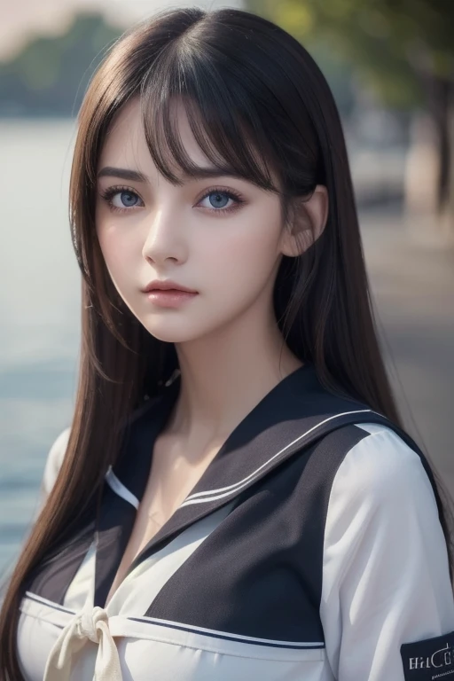 1 girl, (highest quality:1.4), (super detailed), (Highly detailed beautiful face), wonderful face and eyes, black eye, black hair, (sailor suit), (cleavage), Smooth, Highly detailed CG integrated 8k wallpaper, High resolution raw color photos, professional photos, light, Backlight, dream-like, impressive, Depth of bounds written