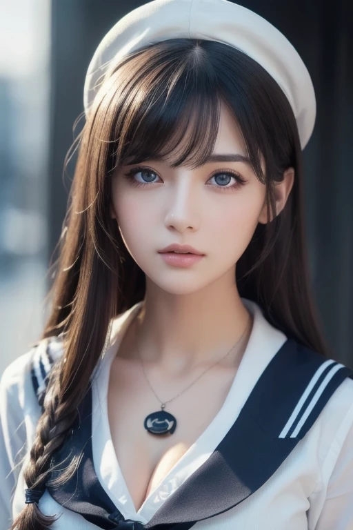 1 girl, (highest quality:1.4), (super detailed), (Highly detailed beautiful face), wonderful face and eyes, black eye, black hair, (sailor suit), (cleavage), Smooth, Highly detailed CG integrated 8k wallpaper, High resolution raw color photos, professional photos, light, Backlight, dream-like, impressive, Depth of bounds written