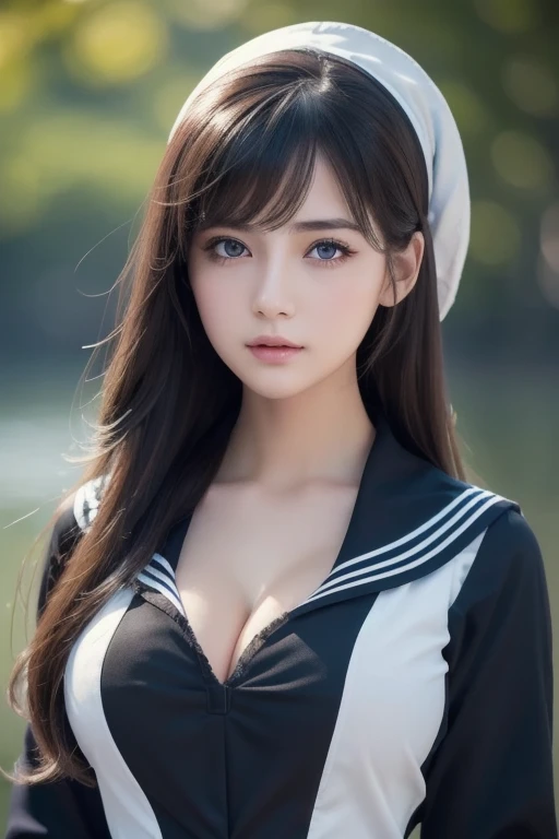 1 girl, (highest quality:1.4), (super detailed), (Highly detailed beautiful face), wonderful face and eyes, black eye, black hair, (sailor suit), (cleavage), Smooth, Highly detailed CG integrated 8k wallpaper, High resolution raw color photos, professional photos, light, Backlight, dream-like, impressive, Depth of bounds written