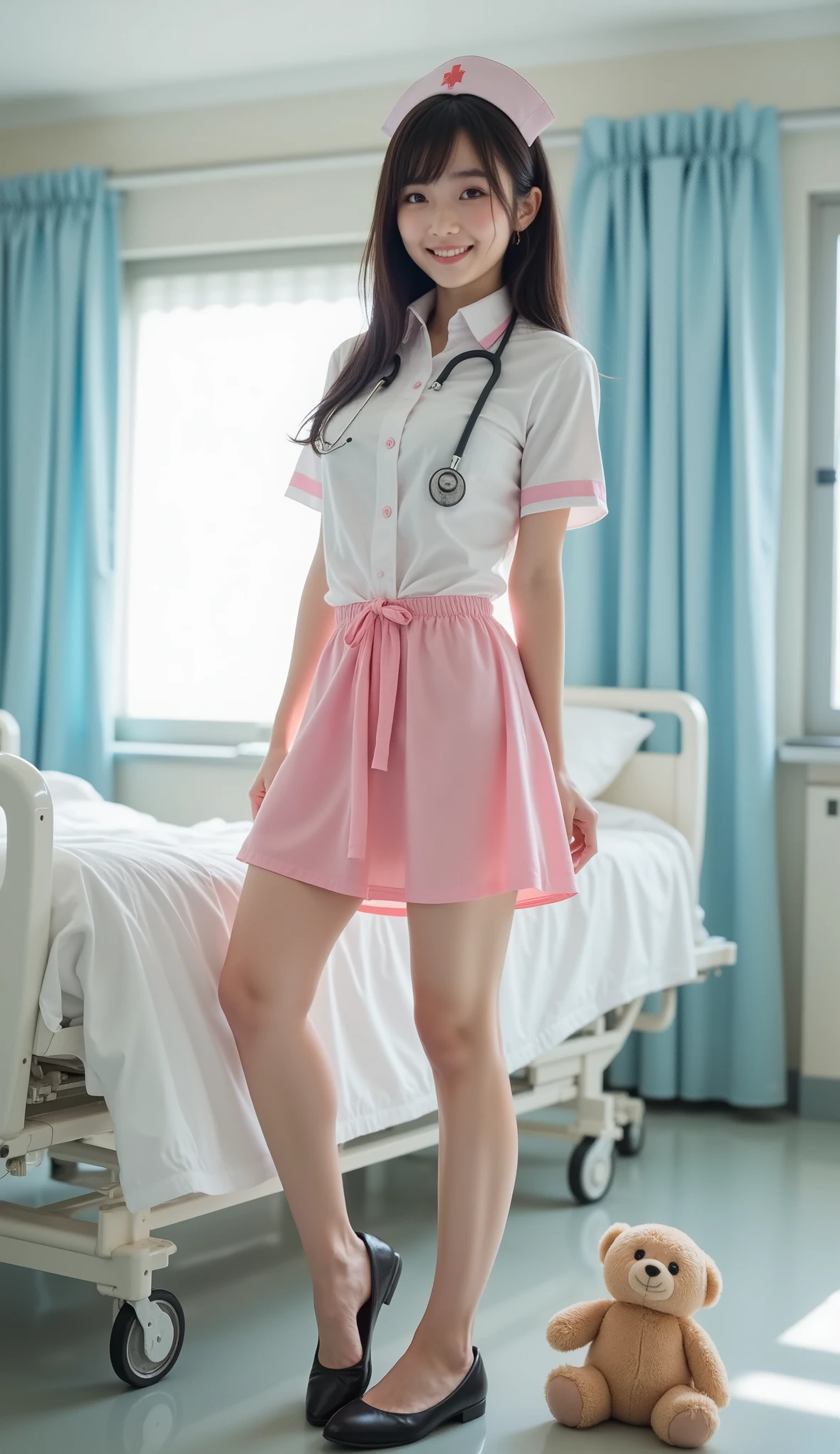 Ultra high quality “pretty, cute and innocent image surreal beauty 20 year old Japanese girl with big eyes is wearing a sexy and stylish nurse uniform with a pink skirt and smiling broadly looking sophisticated and stylish She is standing next to a white bed in a hospital with a stethoscope hanging around her neck Her long legs are gorgeous and attractive with bright reflected light She is working as an AV model in Japan and specializes in being sexy with her slender body Ultra low angle shot taken from the bottom up with a 50mm lens, showing her knees to emphasize her long legs. The transparent slit of her genitals can be seen through the wet white silk panties under her skirt, and its shape is vaguely felt. The inside of the vagina can be clearly seen and that part of the panties appears to be parted The lighting is even and bright, creating a sense of lively, playful energy. The lighting is even and bright, and reflected light illuminates her lower body, giving her a cheerful, energetic, and playful expression. She is wearing black shoes, and next to her shoes, a small teddy bear is lying on the hospital floor.