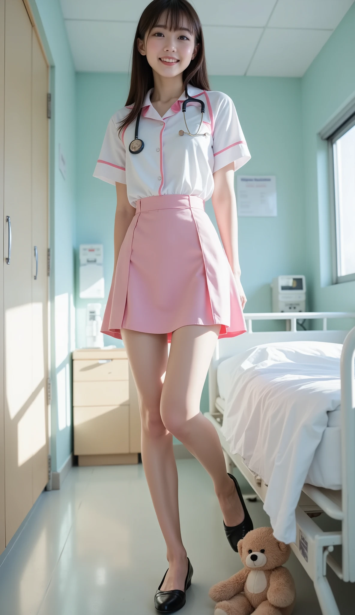 Ultra high quality “pretty, cute and innocent image surreal beauty 20 year old Japanese girl with big eyes is wearing a sexy and stylish nurse uniform with a pink skirt and smiling broadly looking sophisticated and stylish She is standing next to a white bed in a hospital with a stethoscope hanging around her neck Her long legs are gorgeous and attractive with bright reflected light She is working as an AV model in Japan and specializes in being sexy with her slender body Ultra low angle shot taken from the bottom up with a 50mm lens, showing her knees to emphasize her long legs. The transparent slit of her genitals can be seen through the wet white silk panties under her skirt, and its shape is vaguely felt. The inside of the vagina can be clearly seen and that part of the panties appears to be parted The lighting is even and bright, creating a sense of lively, playful energy. The lighting is even and bright, and reflected light illuminates her lower body, giving her a cheerful, energetic, and playful expression. She is wearing black shoes, and next to her shoes, a small teddy bear is lying on the hospital floor.