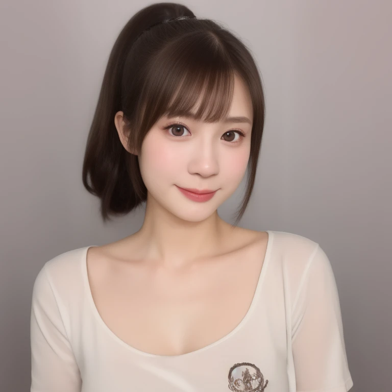 (kawaii 18 year-old Japanese girl), (glossy brown hair, high ponytail, bangs, black eyes:1.3), (soft smiling), (wearing crew necked t-shirt:1.3), well shaped extra small breasts, outside background, id photo, bust shot, (masterpiece, best quality, photo realistic:1.4), (professional lighting, physically-based rendering, glossy skin, extremely detailed eyes and skin textures, golden ratio, depth of field), 1girl, solo,