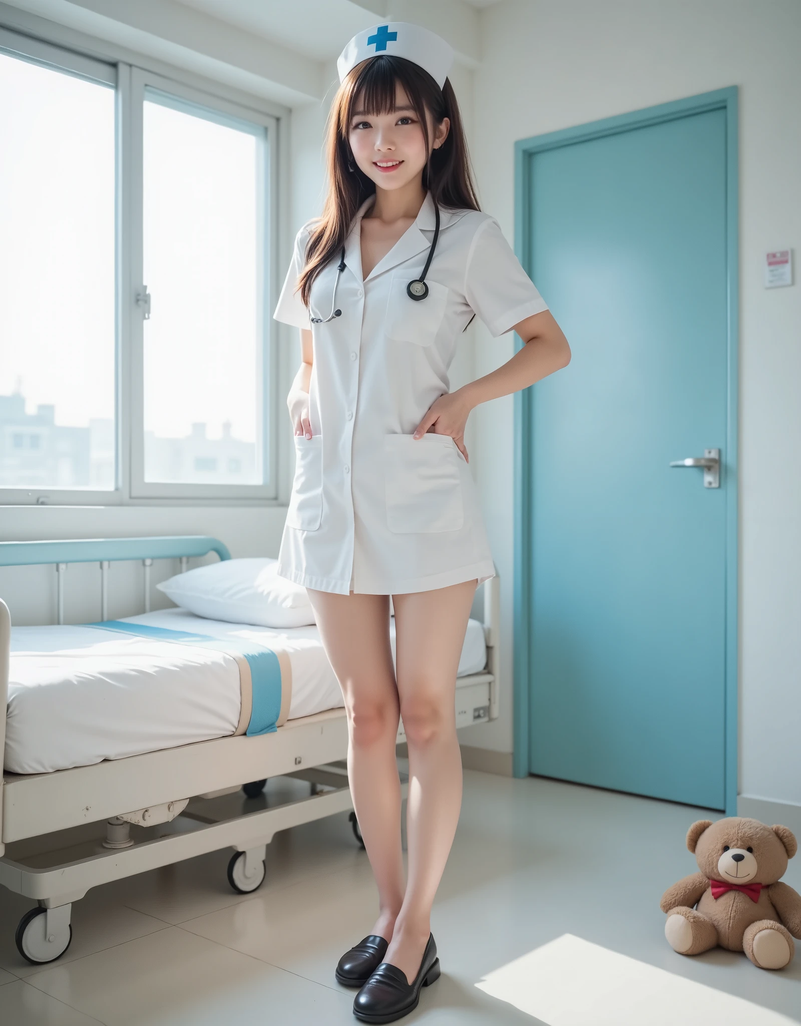 Ultra high quality “Pretty, cute and innocent image Surreal beauty 20 year old Japanese girl with big eyes is smiling broadly looking stylish and sophisticated, wearing a sexy and stylish nurse uniform nurse uniform with a stethoscope hanging around her neck, standing next to a white bed in a hospital, her long legs look gorgeous and attractive with bright reflected light Tall and working as an AV model in Japan, she specializes in sexiness with her slender body Ultra low angle shot taken from the bottom up with a 50mm lens, showing her knees to emphasize her long legs. . The lighting is even and bright, with bounced light illuminating her lower body, creating a bright, energetic and playful expression. She is wearing black shoes and a small teddy bear is lying on the hospital floor.