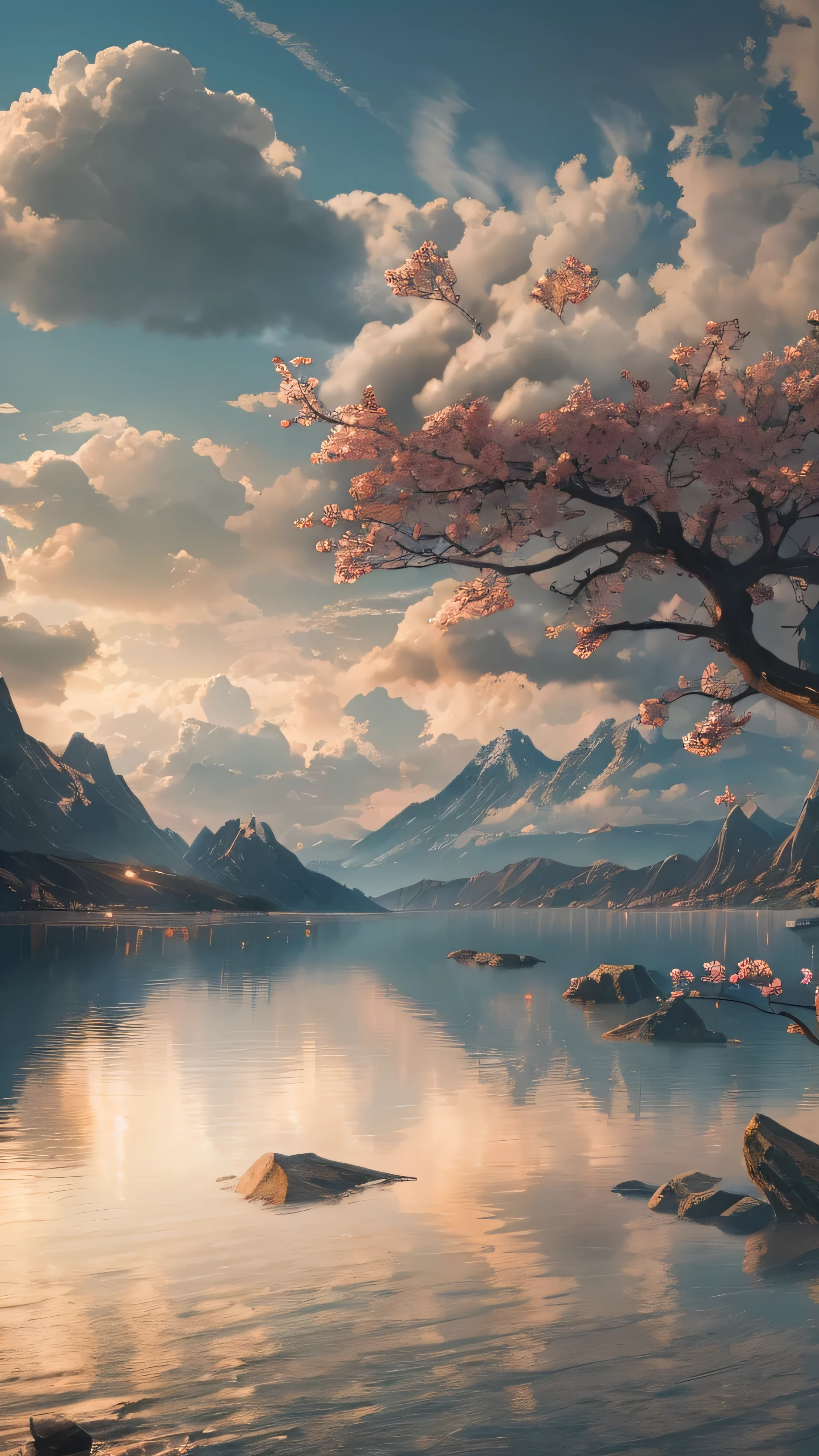 Masterpiece, 最  High Quality  ,   High Quality  ,  Detailed CG Unity 8k Wallpaper , landscape,   outdoor, null, cloud, null, no humans, Mountain, landscape, water, tree, blue 崖, nature, lake, river , cloudy skies,   Award-Winning Photos, Bokeh,   depth of field ,   high definition, bloom,  Color Difference,   Photorealism ,   very detailed,  ArtStation ,  CGSociety Trends ,    complicated ,   high detail, dramatic, Art on the go