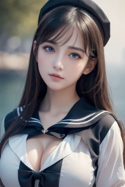 1 girl, (highest quality:1.4), (super detailed), (Highly detailed beautiful face), wonderful face and eyes, black eye, black hair, (sailor suit), (cleavage), Smooth, Highly detailed CG integrated 8k wallpaper, High resolution raw color photos, professional photos, light, Backlight, dream-like, impressive, Depth of bounds written