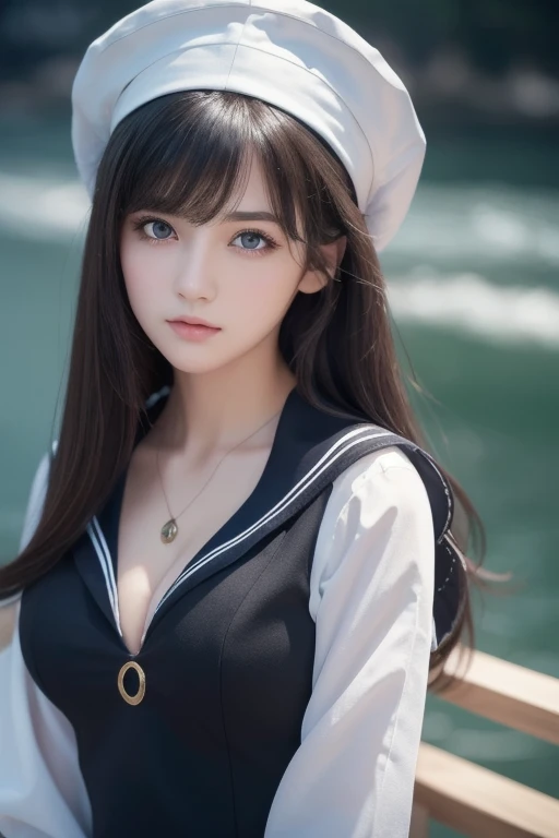 1 girl, (highest quality:1.4), (super detailed), (Highly detailed beautiful face), wonderful face and eyes, black eye, black hair, (sailor suit), (cleavage), Smooth, Highly detailed CG integrated 8k wallpaper, High resolution raw color photos, professional photos, light, Backlight, dream-like, impressive, Depth of bounds written